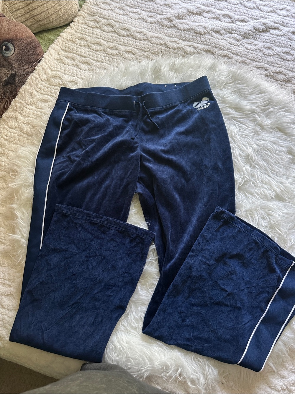 Navy Velour Track Pants with Side Stripe